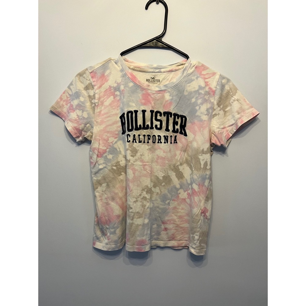 Y2K Vintage Hollister California Tie Dye Graphic T-Shirt Pink Blue Tan Logo XS